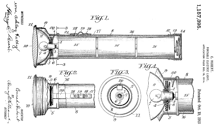 patent 1157395 Portable Electric Light, Conrad Hubert,
        Oct 19, 1915