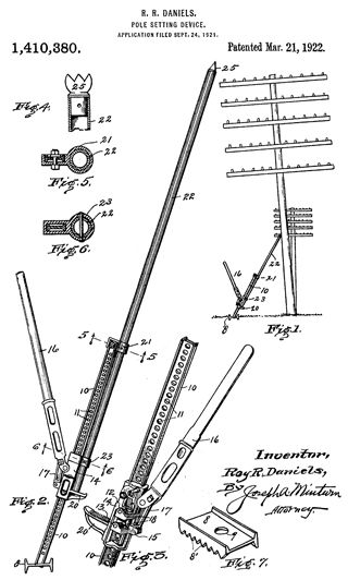 patent 1410380 Pole
          Setting Device, R.R. Daniels, Mar 21 1922