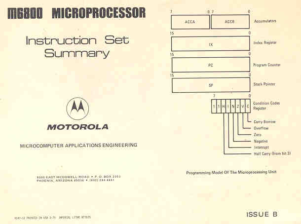 Motorola folding Pocket
                6800 Instruction Set Card (Issue B)