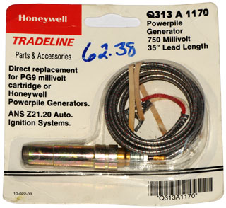 Honeywell Q313 A
        1170 Powerpile Generator 750 Millivolt 35" Lead Length PG9
        Cartridge Powerpile ANS Z21.20 Auto. Ignition