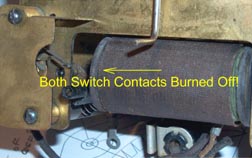 Self
                Winding Clock Winding Motor Switches burned out by using
                2 each 6 Volt batteries, not two each No. 6 1.5 volt
                batteries!