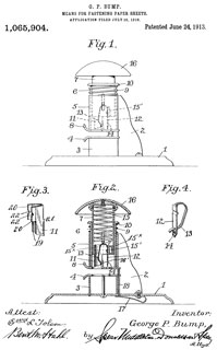 1065904 Means for
                    fastening paper sheets, George P Bump, (not
                    assigned), June 24, 1913, 493/351; 493/353; 493/392
                    - desktop mushroom head "New Model"