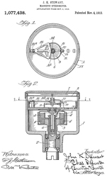 1077438 Magnetic speedometer, John K Stewart,
                  Stewart Warner Speedometer Corp, 1913-11-04