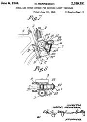 2350791
                            Auxiliary motor device for driving light
                            vehicles, Mennesson Marcel, App: 1941-06-12,
                            W.W.II, Pub: 1944-06-06, - Solex motorbike