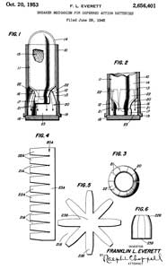 2656401 Breaker
                      mechanism for deferred action batteries, Franklin
                      L Everett, Navy, Filed: 1945-06-28 (W.W.II) Pub:
                      1953-10-20