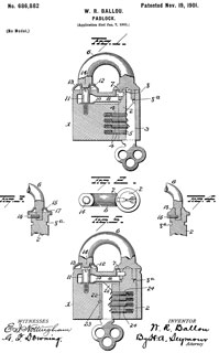 686882
                      Padlock, Waldo R Ballou, Yale & Towne Mfg Co,
                      Nov 19, 1901, 70/38C; 70/33; 70/361; 70/372; 70/53
                      - 4-pin tumbler, both center and side key
                      versions.