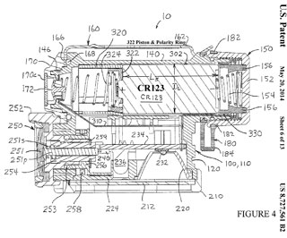 8727561B2
                            Light and/or device having a compartment
                            accommodating batteries of different types,
                            sizes and/or shapes, Raymond L. Sharrah,
                            Thomas D. Boris, Brian Orme, Mark W. Snyder,
                            Streamlight Inc, 2014-05-20