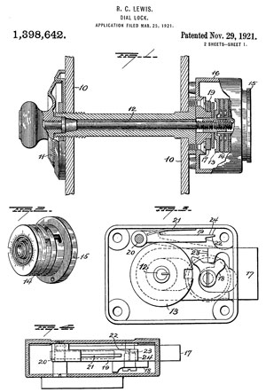 patent
                        1398642 Dial-lock, Lewis Rollin C, Yale &
                        Towne Mfg Co, Nov 29, 1921 -