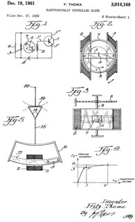 3014168
                  Electronically controlled clock, Thoma Fritz,
                  Priority: 1955-12-28, 318/132; 310/15; 368/157;
                  968/476; 310/27