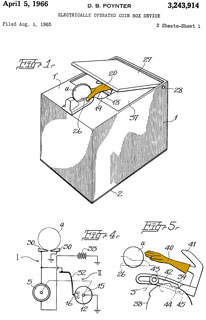 3243914
                  Electrically Operated Coin Box Device, Donald B
                  Poynter, April 5, 1966, 446/9 446/484 472/71 194/310
                  472/70 -