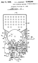 2165240
                        Coin counting machine, Lee Downey Clement, Jul
                        11, 1939, 453/31, 453/35 - hand cranked