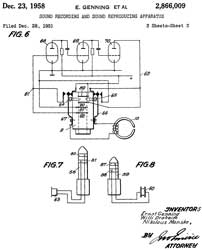 2866009
                              Sound recording and sound reproducing
                              apparatus, Genning Ernst, Draheim Willi,
                              Monske Nikolaus, Protona, App: 1951-10-27,
                              Pub: 1958-12-23