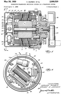 2888520
                          Generator-transducer switching system in a
                          telephone system, Durbin Vernon, Ernest W
                          Johnson, National Pneumatic Co Inc, 1959-05-26
                          - TA-1 Field Phone