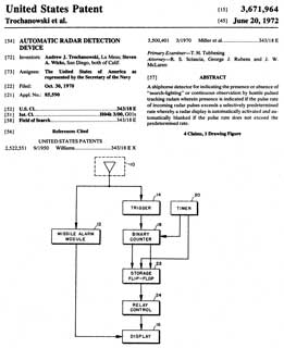 3671964 Automatic
                    radar detection device, Andrew J Trochanowski,
                    Steven A Wicks, Navy