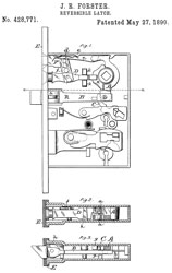 428771
                        Reversible Latch, J.R. Forster, Russell &
                        Erwin Mfg Co., May 27, 1890, 292/245
