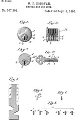 67305
                                Master Key Pin Lock, William F. Donovan,
                                Yale & Towne Mfg Co., Sept 8, 1896,
                                70/340; 70/420 -