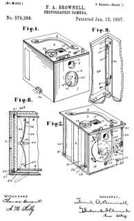 575208 Photographic
                  Camera, F.A. Brownell, Eastman Kodak Co, Jan 12, 1897,
                  396/446; 396/511 - Brownie Box camera
