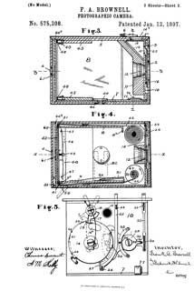 575208 Photographic
                  Camera, F.A. Brownell, Eastman Kodak Co, Jan 12, 1897,
                  396/446; 396/511 - Brownie Box camera