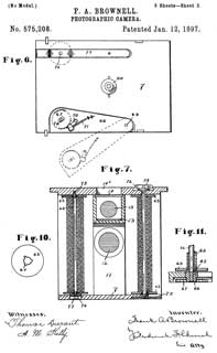 575208 Photographic
                  Camera, F.A. Brownell, Eastman Kodak Co, Jan 12, 1897,
                  396/446; 396/511 - Brownie Box camera