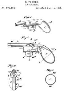 600552
                      Liquid-pistol, Russell Parker, Mar 15, 1898,
                      222/79; 222/212; 222/505; 251/9 -