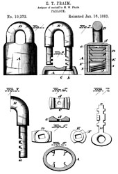 RE10272
                      Padlock, E. T. Fraim, 1/2 to M.W. Fraim, Jan 16,
                      1883, 70/38R; 70/52 - some drawing differences
                      from 240586 & different class numbers, disk
                      tumblers Norwegian or Scandinavian